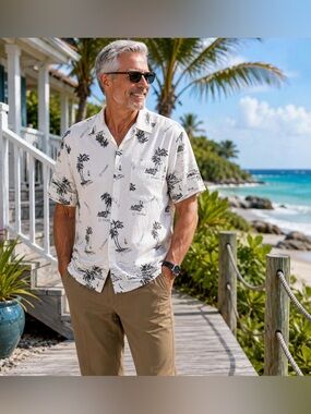 Men's White Palm-Print Short-Sleeve Button-Down Shirt